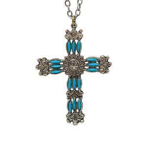 Vintage Turquoise Inlay Resin Silver-Tone Cross Pendant Necklace
